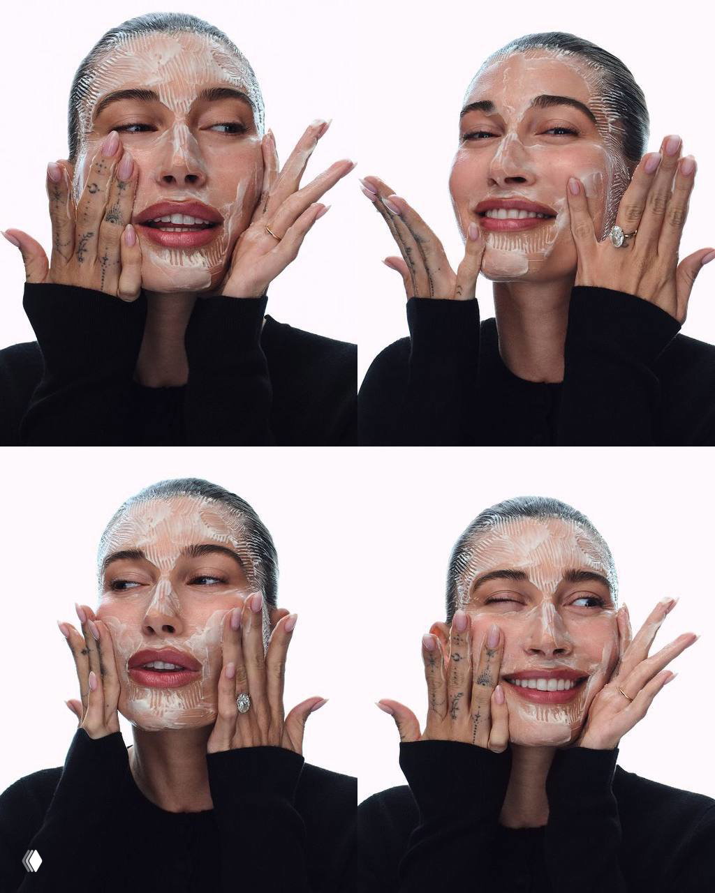 Коллаж кадров Хейли Бибер, наносит и смывает маску для лица в рекламной съёмке Rhode: эмоции, естественная кожа, жесты рук и подчёркивание уходовой концепции бренда.