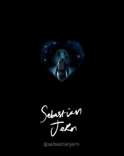 Чёрный фон, яркое космическое сердечко с фигурой в центре и подписью @sebastianjern — атмосферный кастомный лайк для Instagram.