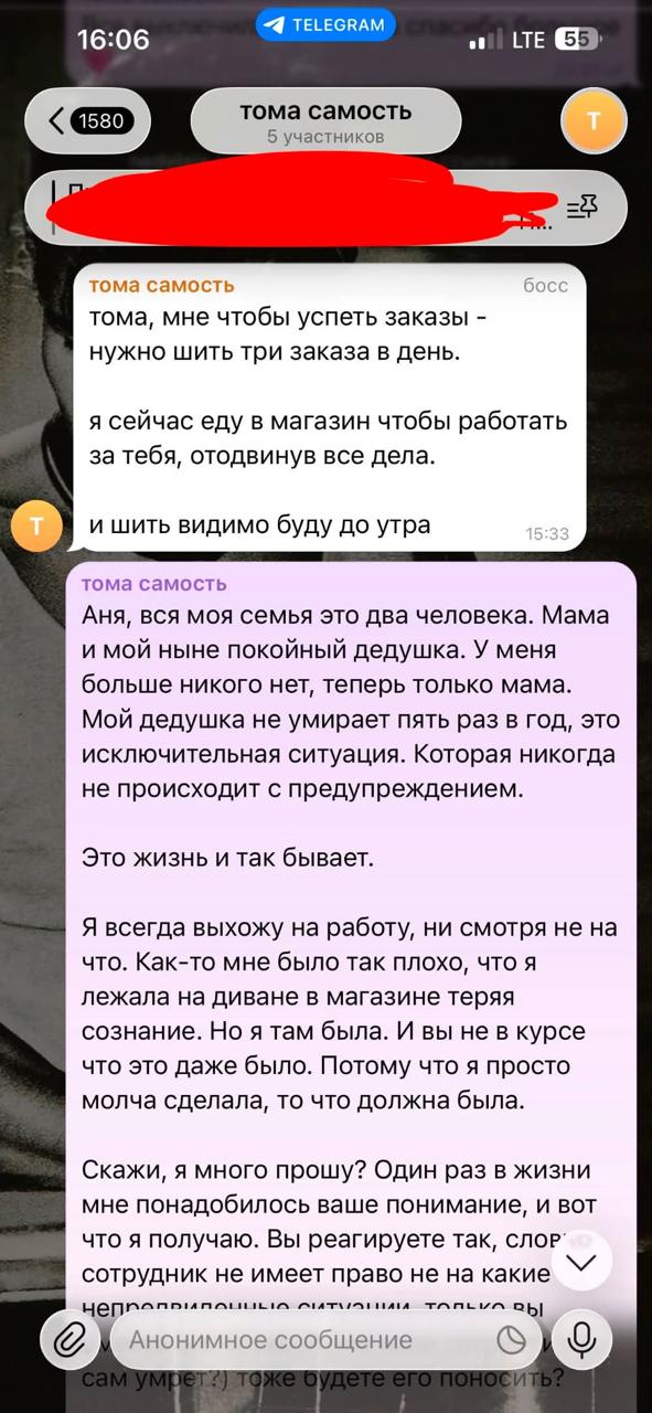 Скриншот переписки с выпадающими сообщениями и видимым никнеймом беседы «toma samost», где содержится эмоциональное объяснение от Анны.