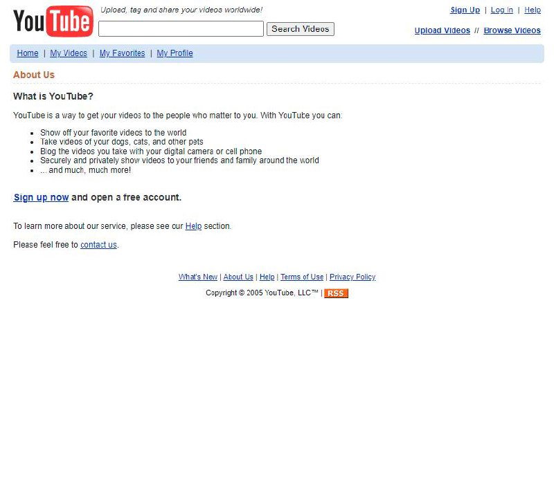 Скриншот страницы «About Us» YouTube 2005: раздел с описанием сервиса, перечнем возможностей и ссылкой на регистрацию в ретро‑верстке.