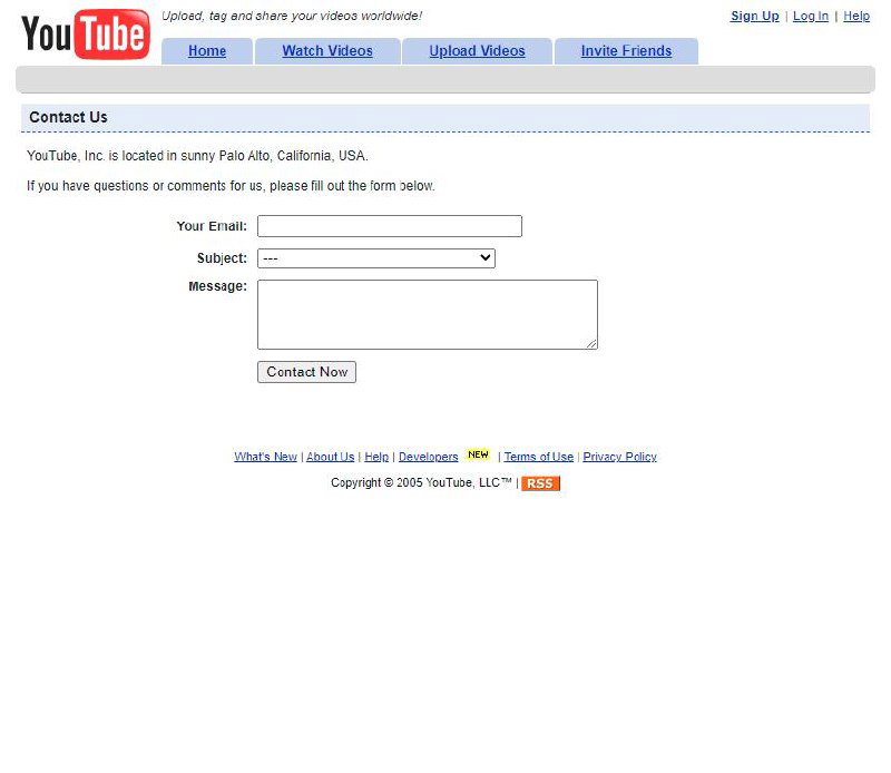 Скриншот страницы «Contact Us» YouTube 2005: форма обратной связи с полями Email, Subject и Message в минималистичном дизайне.