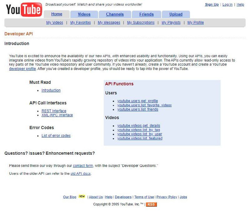 Скриншот раздела Developer API YouTube 2005: список API Functions, ссылки на REST и XML‑RPC интерфейсы и перечень ошибок.