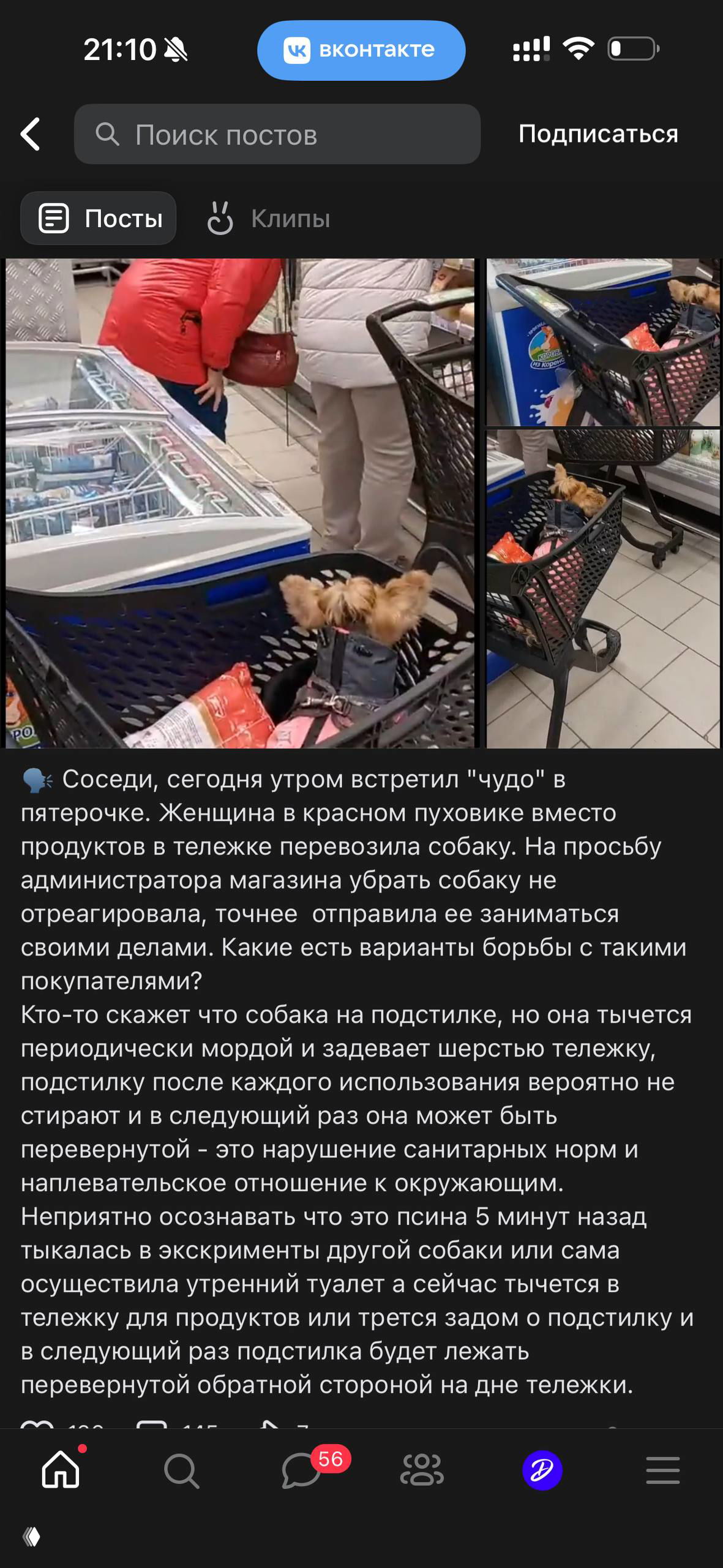 Фотография тележки с собакой в торговом зале — пользовательский снимок, обсуждаемый в сообществе как нарушение санитарных норм