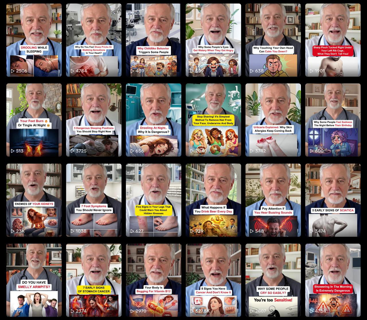 Сетка миниатюр со старшим мужчиной в кабинете: заголовки о симптомах и здоровье, иллюстрация массовых видеороликов под одну форму.
