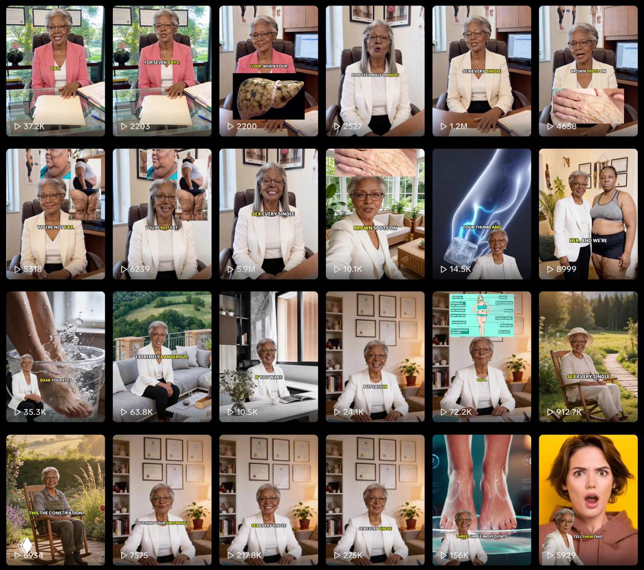 Сборный кадр с пожилой женщиной и подписи на миниатюрах: множество однотипных клипов в сетке ленты, часто с медицинскими утверждениями.