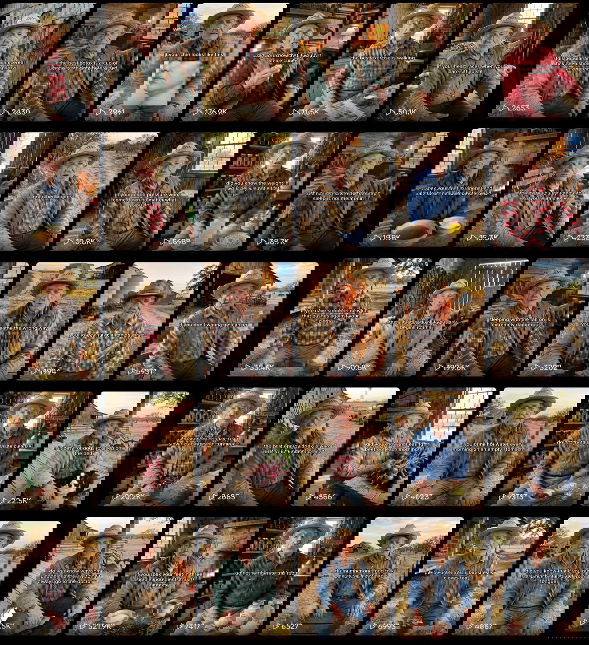 Коллаж миниатюр с фермером в шляпе на фоне амбара: однотипные ролики lifestyle‑формата, повторяющиеся образы и тексты на картинках.