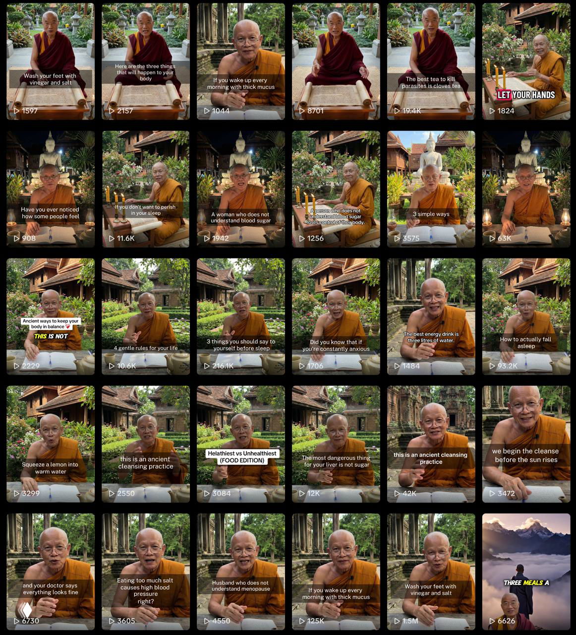 Сетка видео с монахами на открытом воздухе и в храме: заголовки о «очищении» и здоровье, демонстрация религиозного образа в коммерческих роликах.