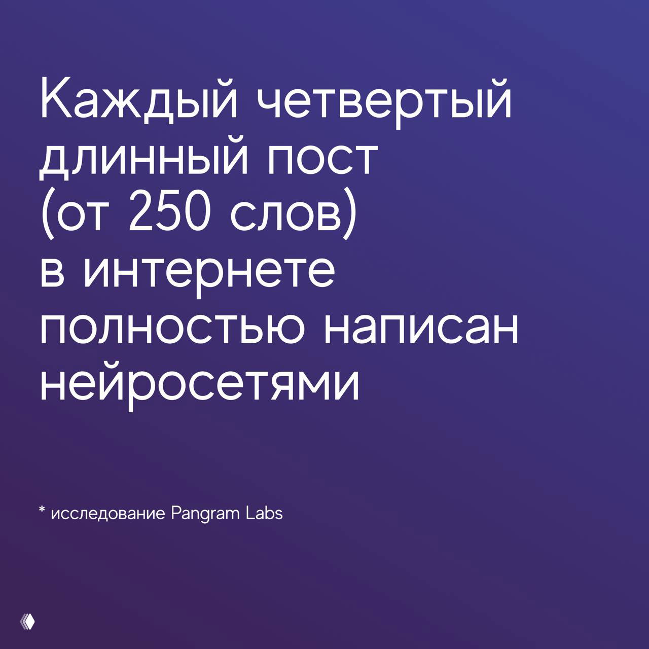 Фиолетовая графика с текстом: каждый четвертый длинный пост (250+ слов) в интернете полностью создан нейросетями; Pangram Labs.