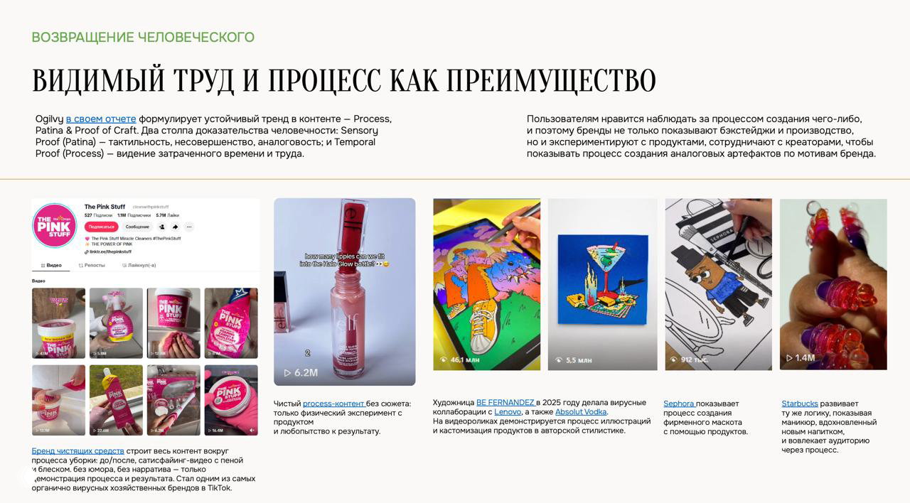 Слайд о видимом труде и процессе: бэкстейджи, производственные кадры и примеры артефактов, ставших отдельным вирусным контентом.