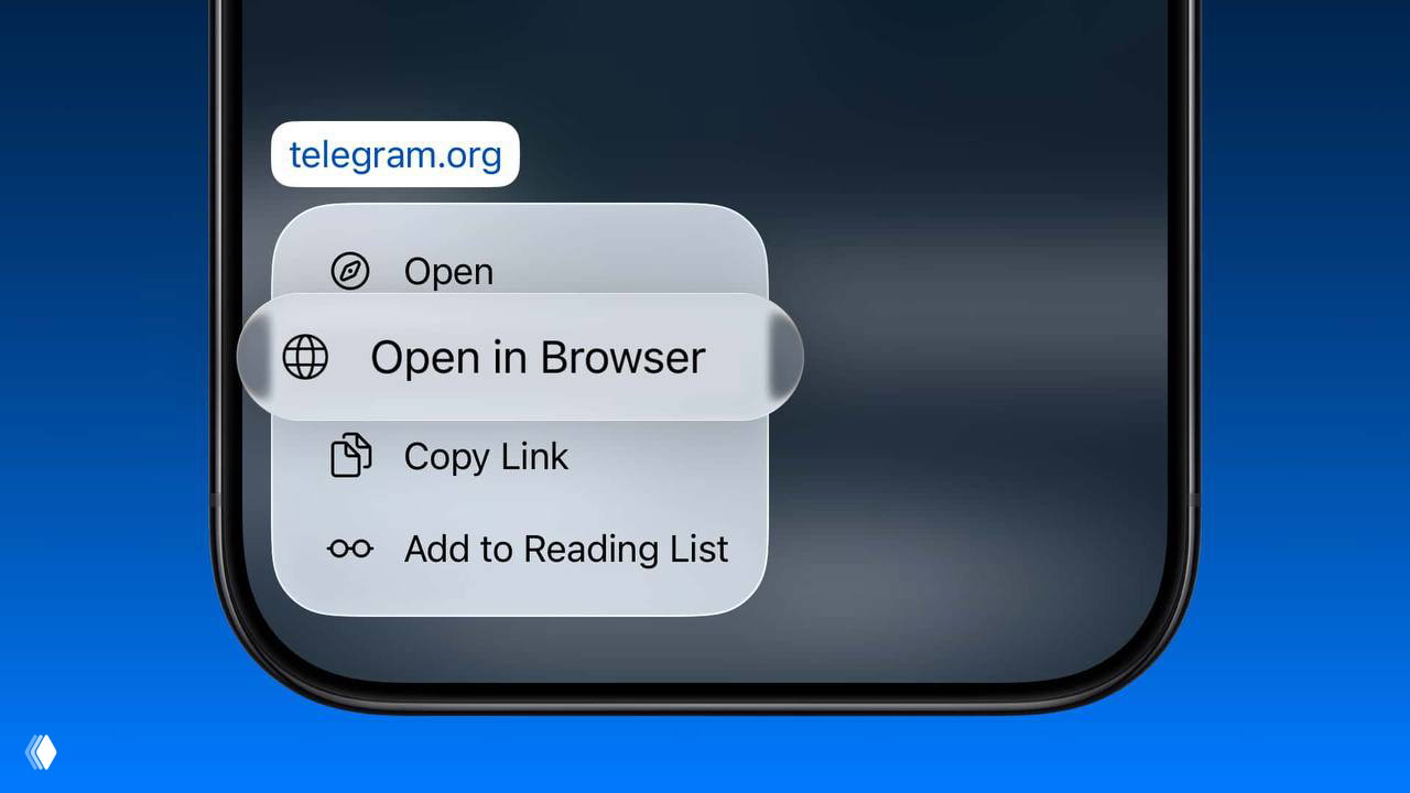 Меню долгого нажатия на ссылку в Telegram на экране смартфона: опция "Open in Browser" и выбор приложений для открытия ссылок во внешнем или встроенном браузере.