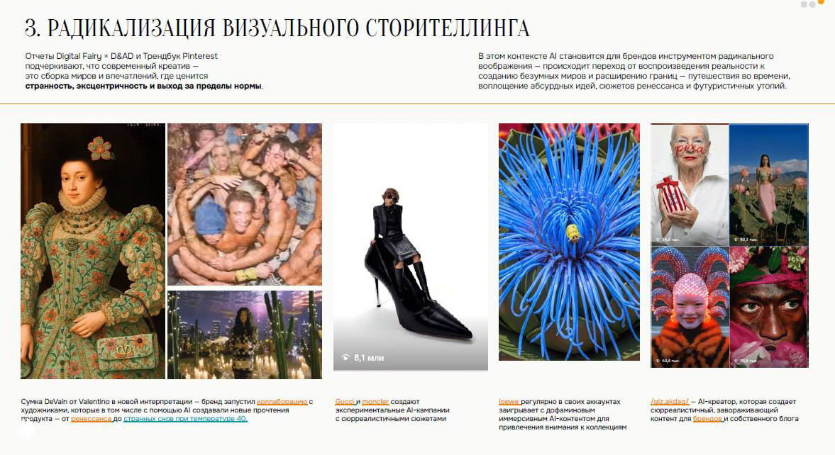 Слайд отчёта о радикализации визуального сторителлинга: фотоколлажи и экспериментальные изображения, показывающие выход за визуальные нормы.