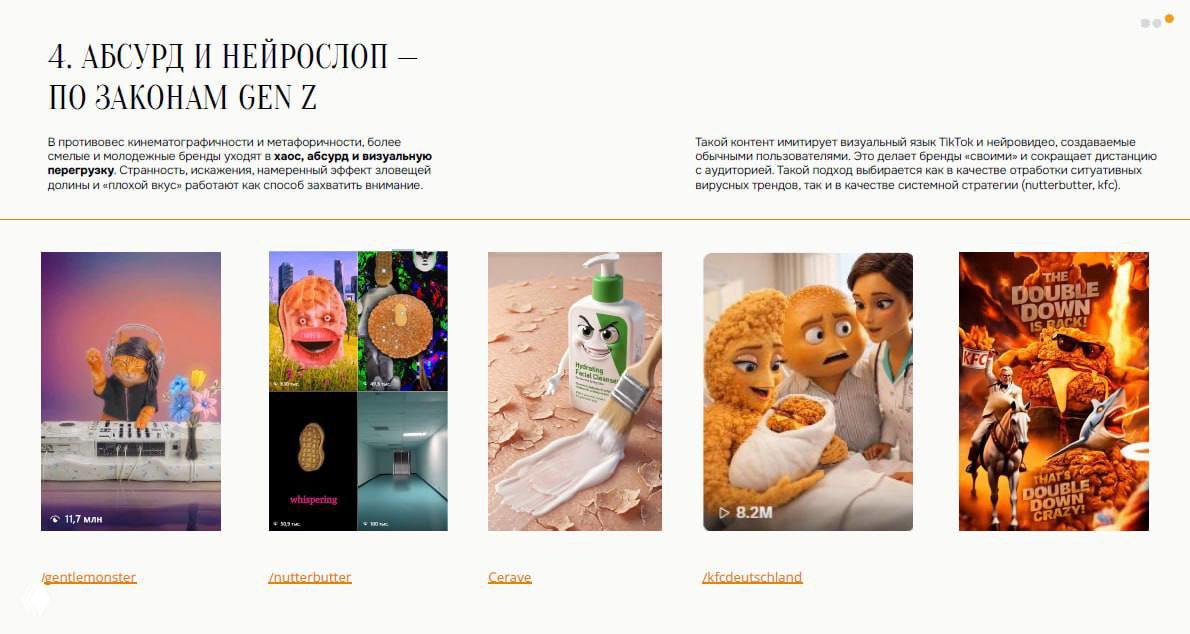Слайд отчёта про абсурд и нейрослоп: примеры смелых визуалов в формате коллажей и несколько скриншотов распространённых кейсов Gen Z