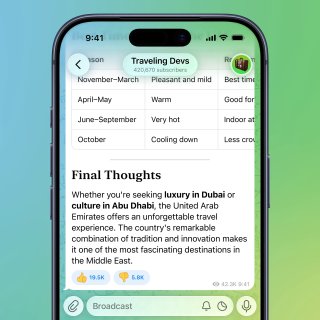Скриншот интерфейса Telegram на смартфоне: расширенный текстовый редактор с таблицей, форматированным текстом и видимой панелью инструментов.
