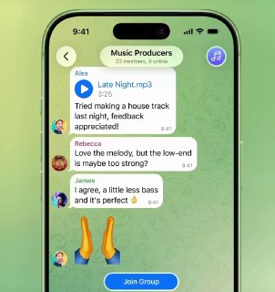 Чат Telegram на фоне зелёного интерфейса: сообщения с аудиофайлом и реакциями, показывающие привычный вид переписки и медиа в мессенджере.