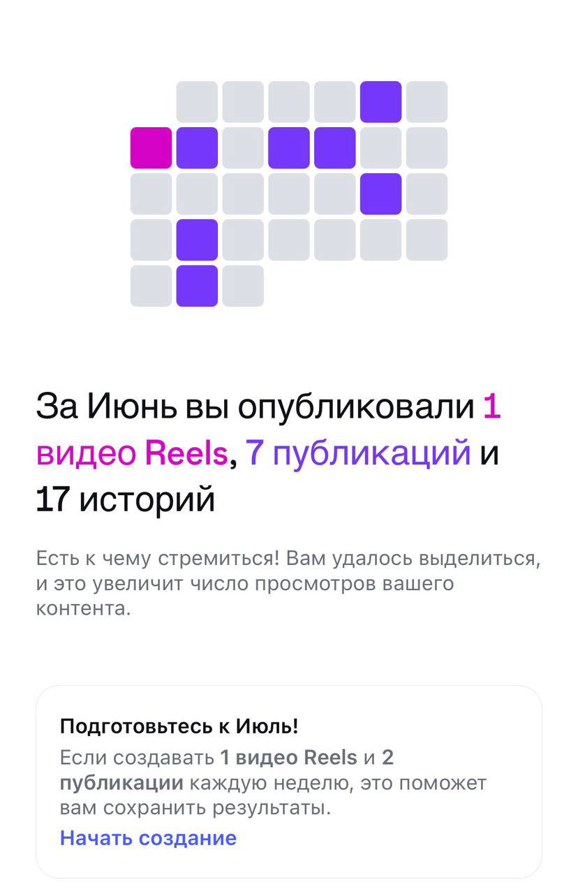 Скриншот с блоком, где указано число публикаций за июнь: 1 видео Reels, 7 публикаций и 17 историй с небольшим советом под блоком.