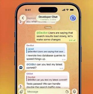 Скриншот разработческого чата Telegram: несколько ботов (DevBot, GitBot) обмениваются сообщениями и отвечают друг другу.