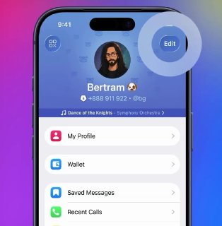 Экран профиля пользователя в Telegram на смартфоне: аватар, имя, кнопки «Мой профиль», «Кошелёк», «Сохранённые сообщения».