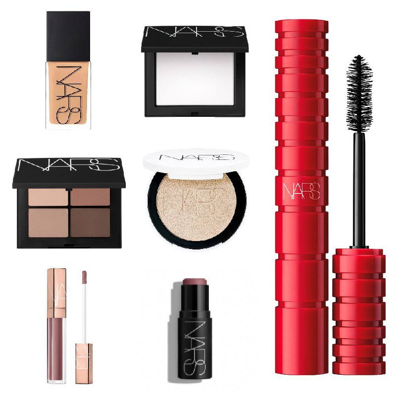 Коллаж продукции NARS: тональный крем, пудра, палетка Koh Rong, люминайзер, помада Afterglow и тушь Climax на белом фоне.