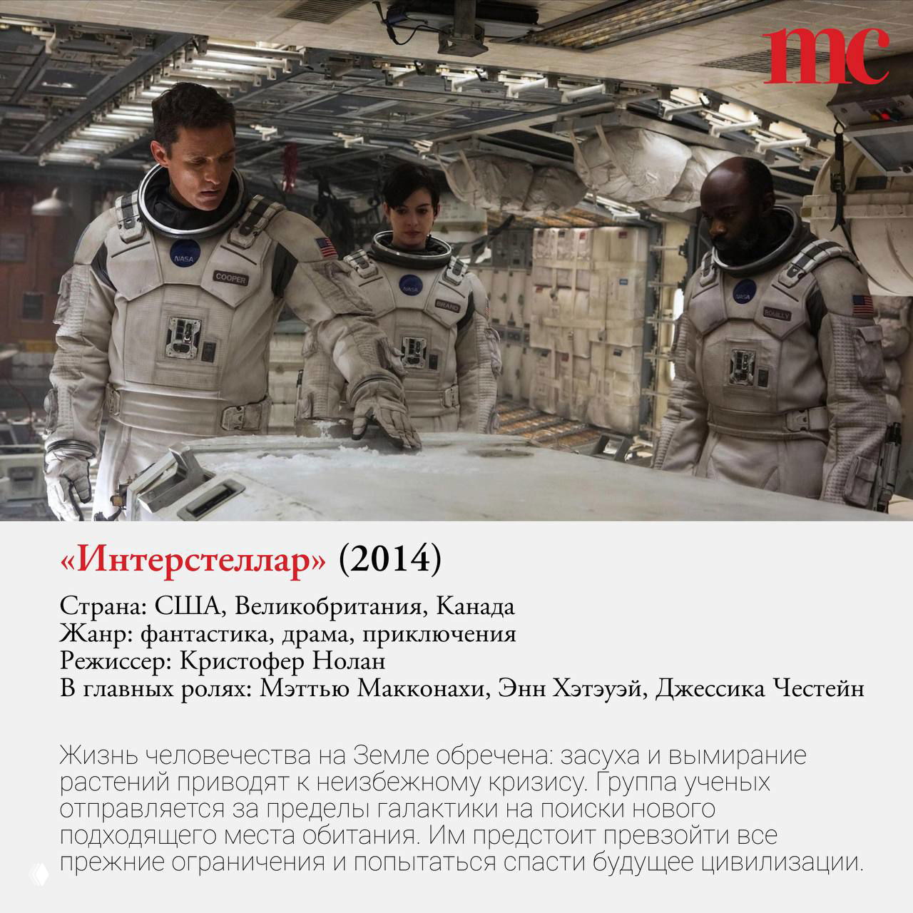 Кадр из «Интерстеллар»: трое людей в скафандрах внутри космического корабля, интерьер мрачный и технологичный, подпись названия и автора режиссуры.