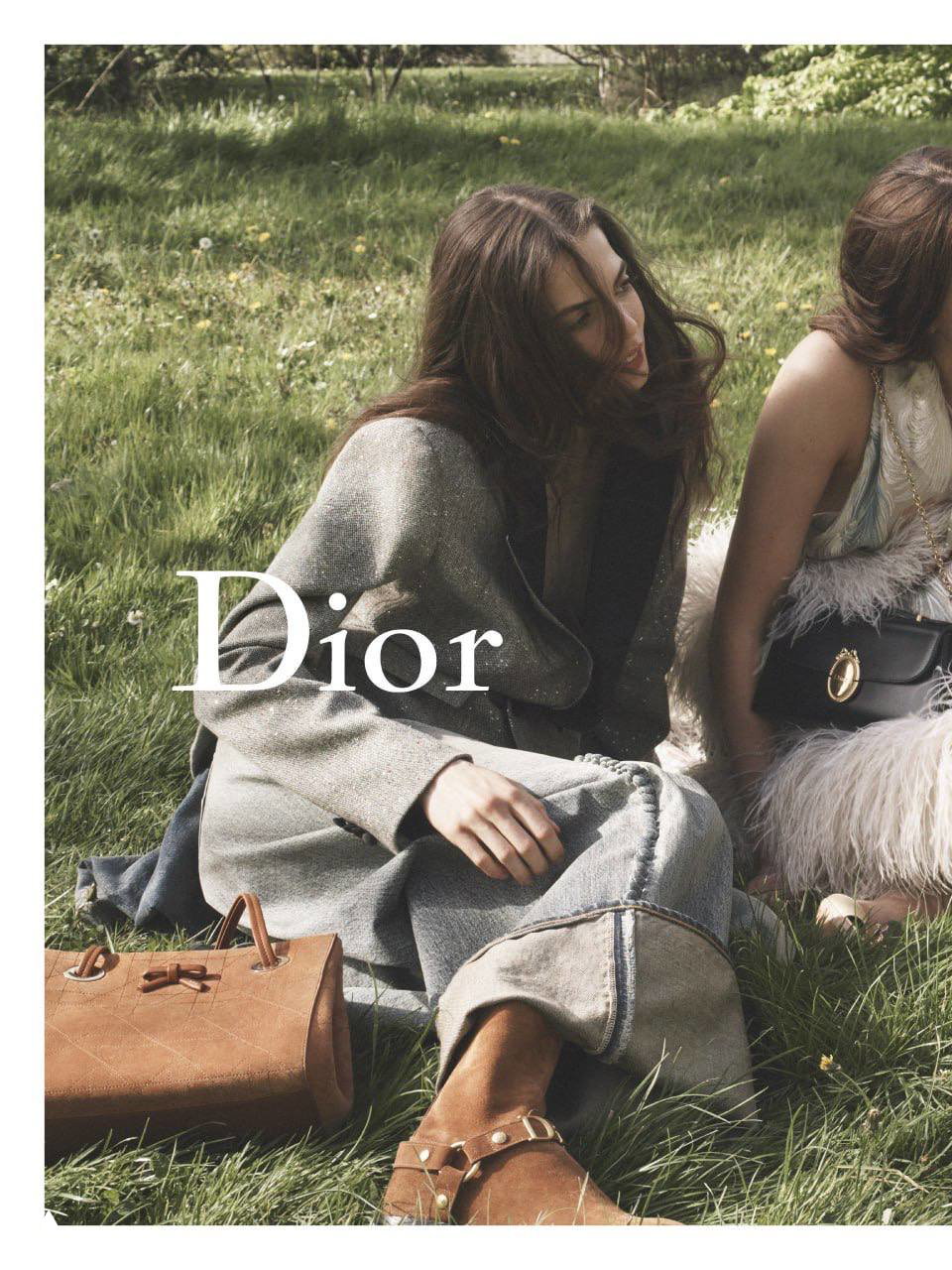 Модель в пальто и джинсах сидит в траве в рекламном кампейне Dior осень‑зима 2026, рядом кожаная сумка и фирменный логотип на кадре.