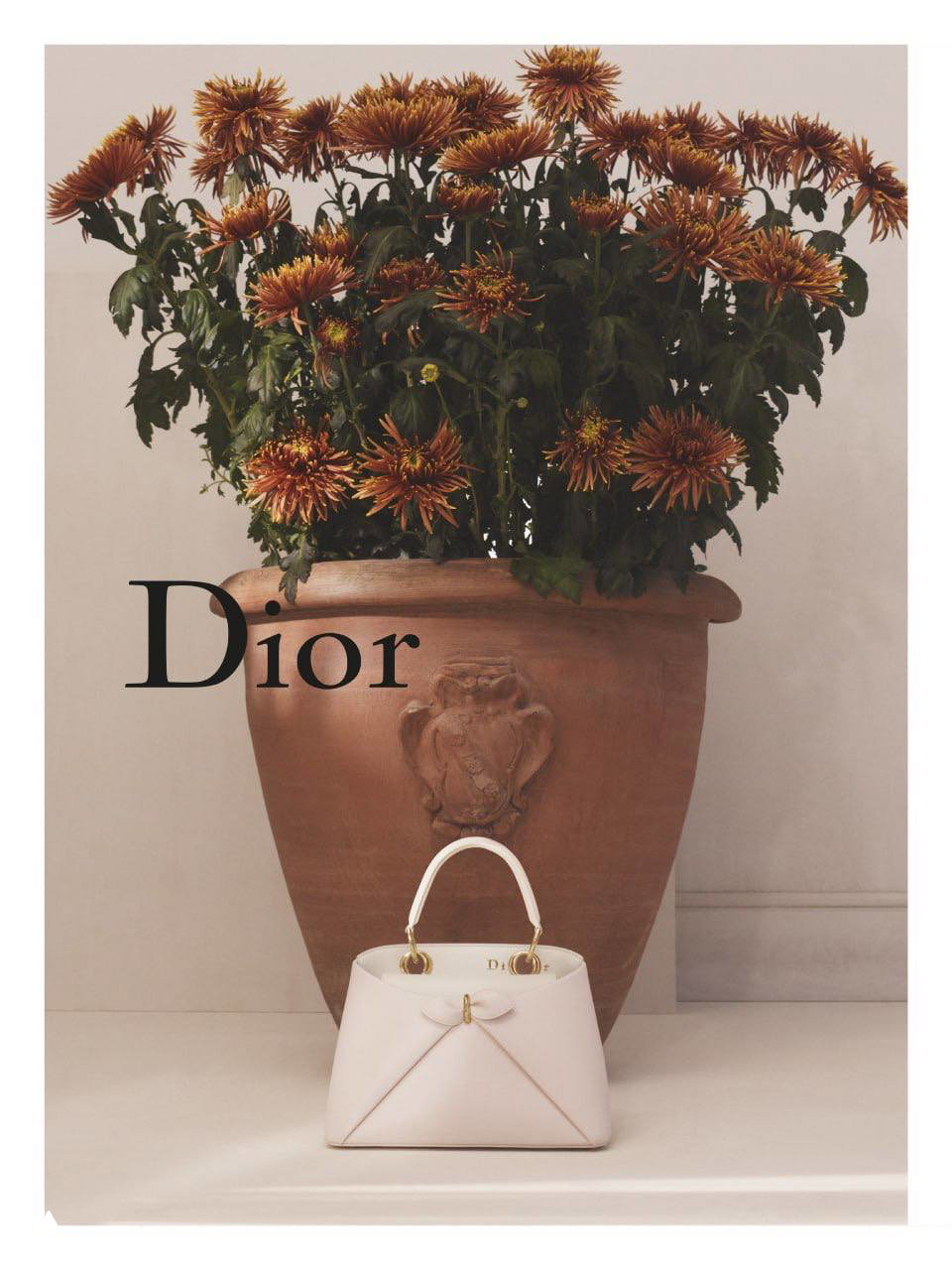 Крупный план светлой сумки Dior на фоне большого керамического горшка с хризантемами — стилизованный натюрморт из промокампейна осень‑зима 2026.