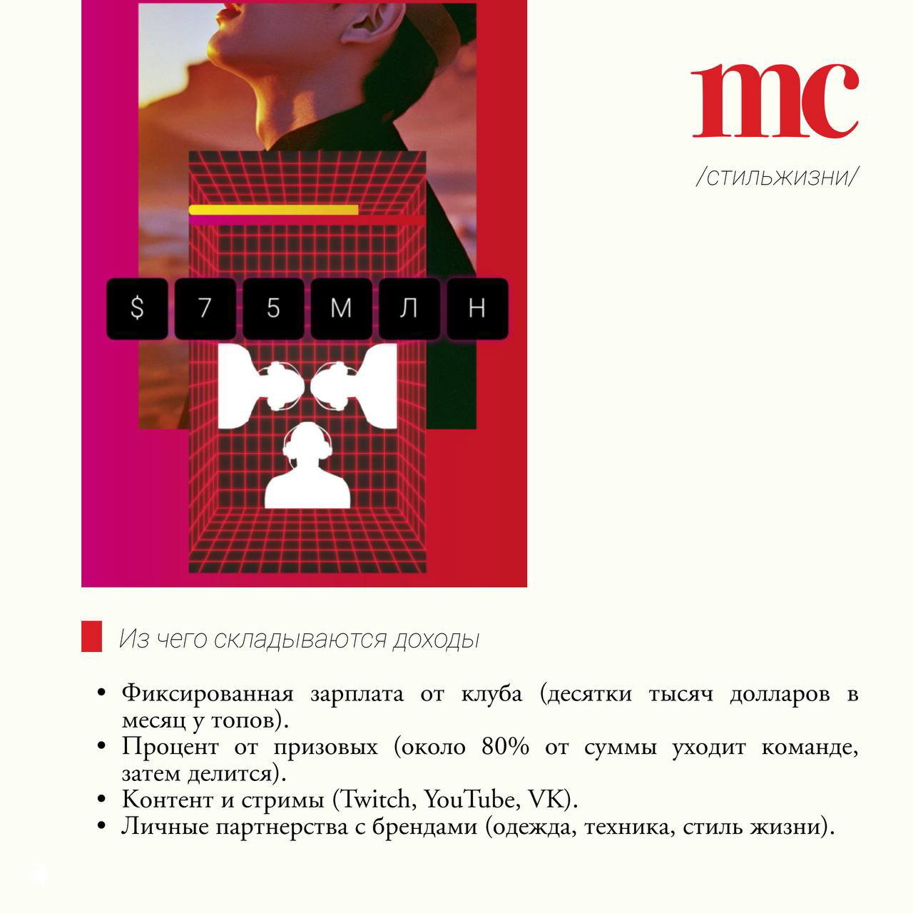 Иллюстрация о доходах киберспортсменов: источники заработков — зарплата клубов, призовые, стримы и партнерства, оформлена в яркой журнальной стилистике.