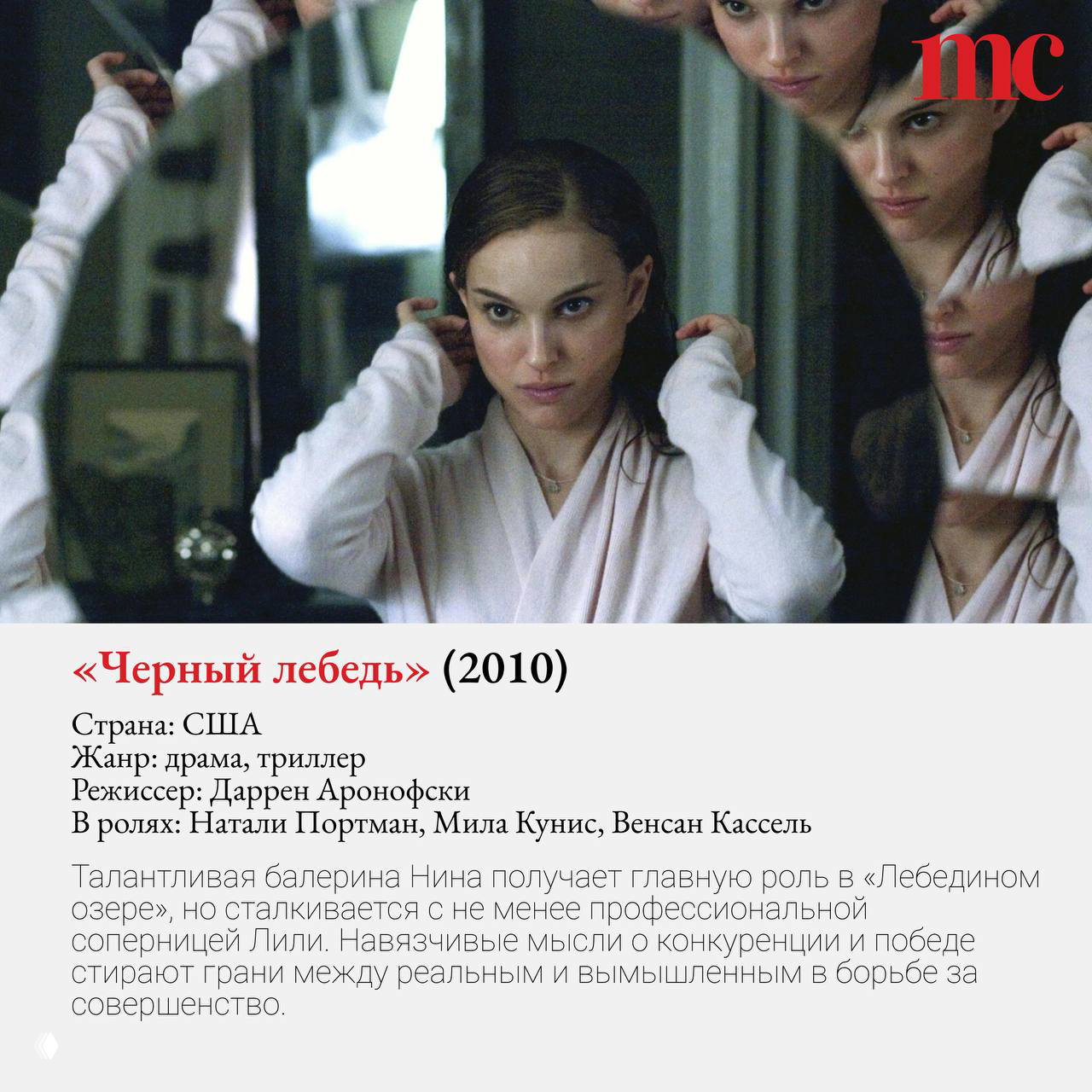 Кадр из «Черного лебедя»: Натали Портман перед зеркалом в напряженном образе балерины, символ борьбы за совершенство и внутренний конфликт.