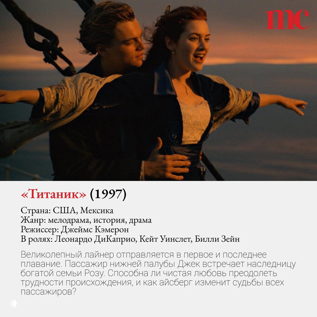 Знаковая сцена из «Титаника»: Джек и Роуз стоят на носу корабля на закате, образ романтической истории и катастрофы одновременно.