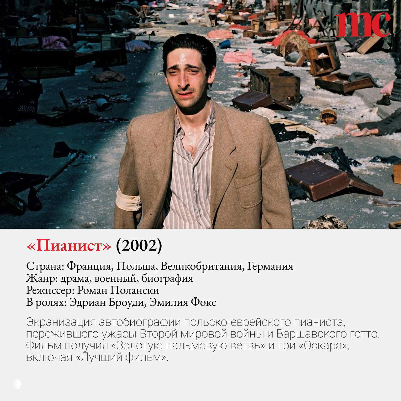 Кадр из «Пианиста»: главный герой среди разрушенного города и руин — визуализация трагедии и выживания военного времени.