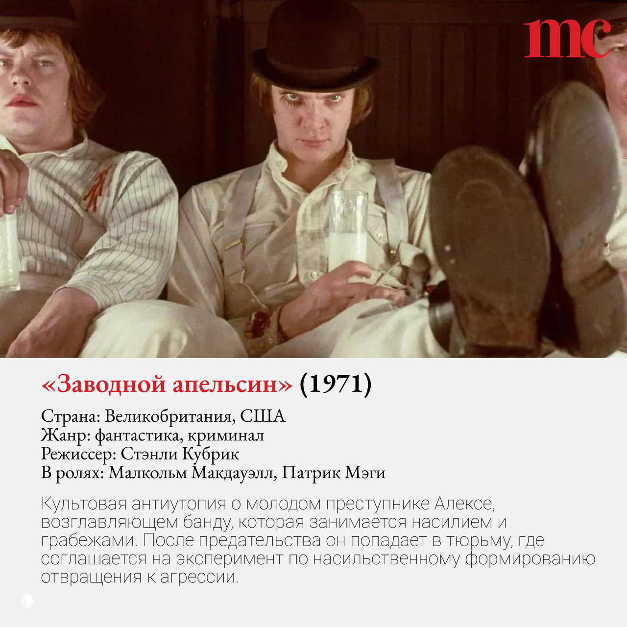 Кадр из «Заводного апельсина»: молодой герой в культовом образе Александра, сценография ленты Стэнли Кубрика и провокационная эстетика насилия.