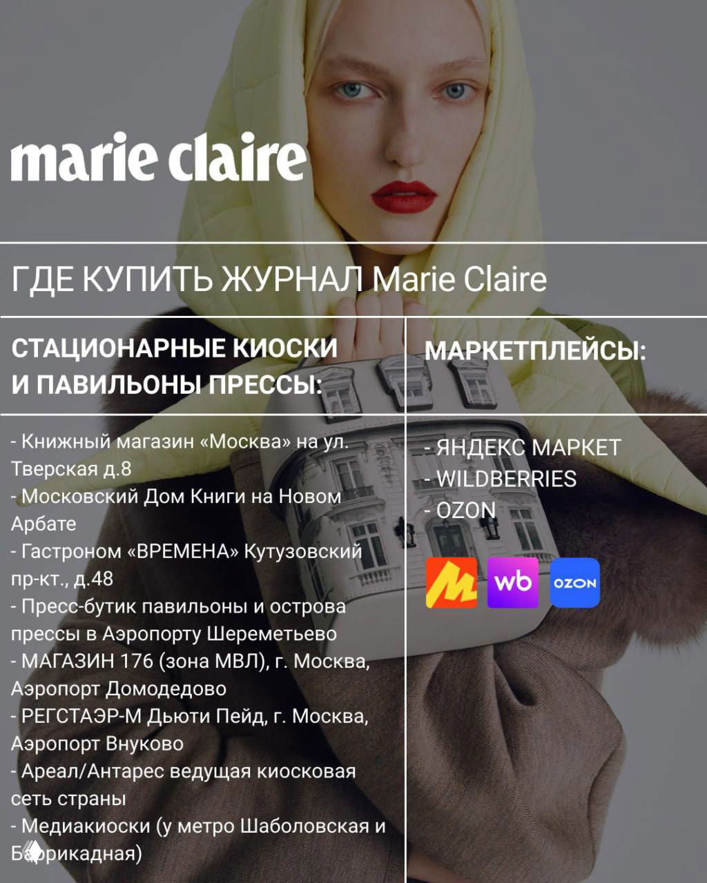 Карточка с перечнем стационарных киосков, павильонов прессы и маркетплейсов (Яндекс.Маркет, Wildberries, OZON) на фоне модели.