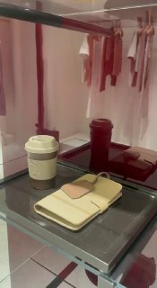 Полка с аксессуарами и чашкой кофе в шоуруме 12 STOREEZ: дисплей с телефоном, стаканом и минималистичными предметами на стеклянной поверхности