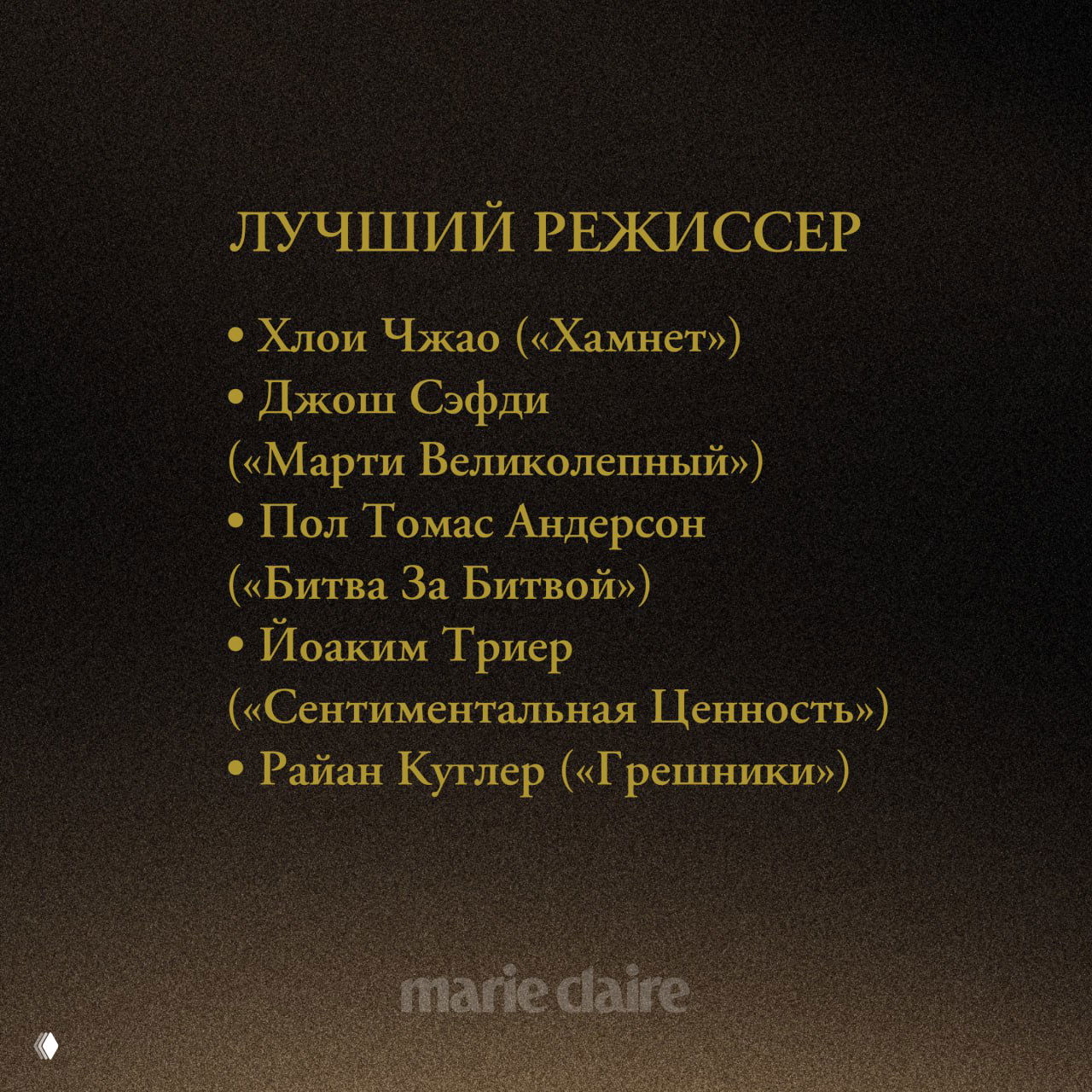 Слайд с заголовком «Лучший режиссёр» и списком номинантов: Хлои Чжао, Джош Сэфди, Пол Томас Андерсон и другие режиссёры