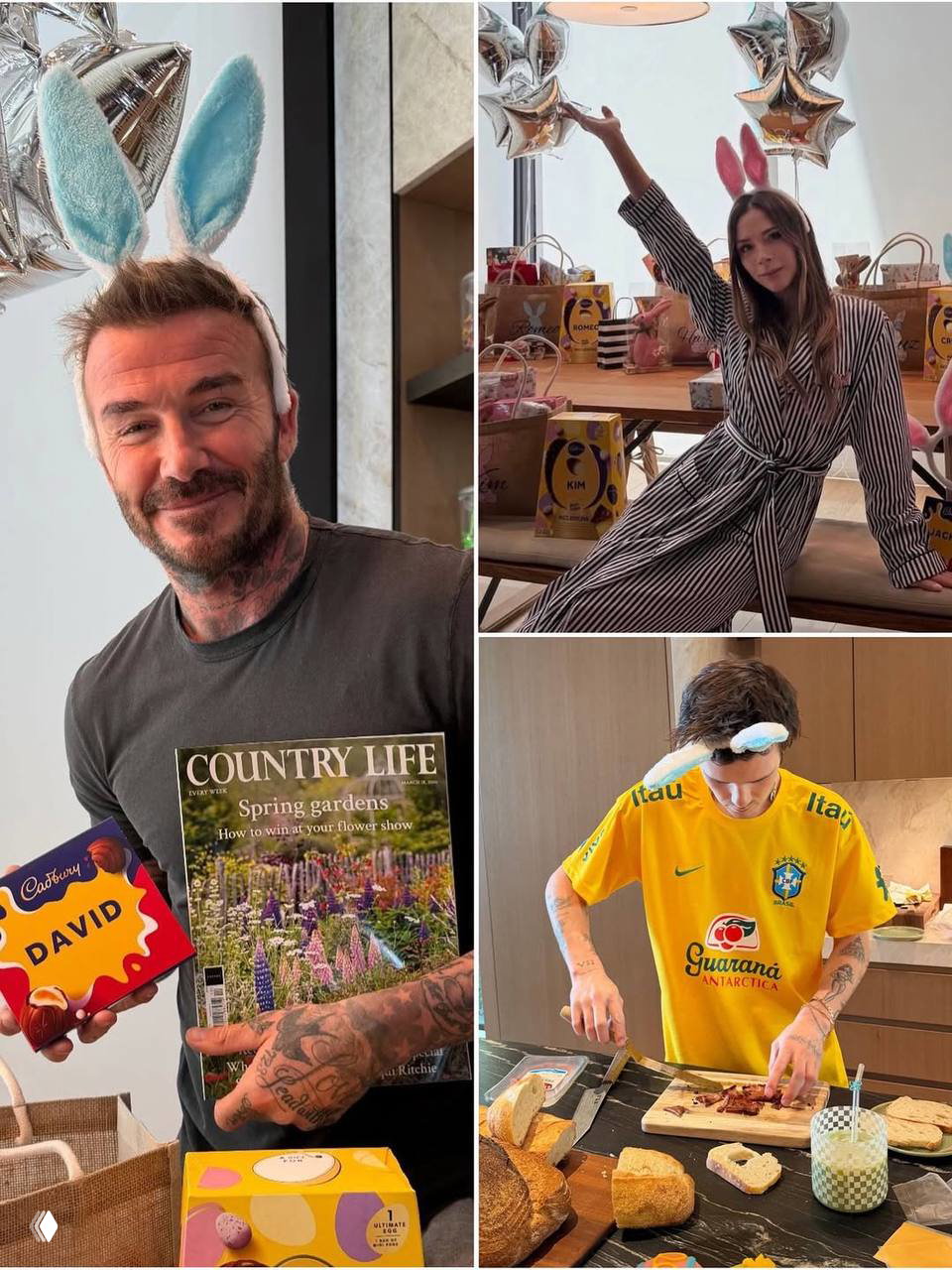 Коллаж из домашних сцен: взрослые в ушах зайчиков, подарки и пасхальные угощения на столе — уютные кадры из соцсетей и семейные детали.