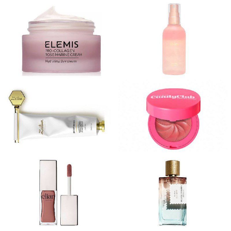 Коллаж из средств: увлажняющий крем ELEMIS, мист THIM, маска ZEITUM, румяна PUPA Candy Club, блеск для губ ELIAN и аромат Goldfield & Banks, подбор редакции Marie Claire.