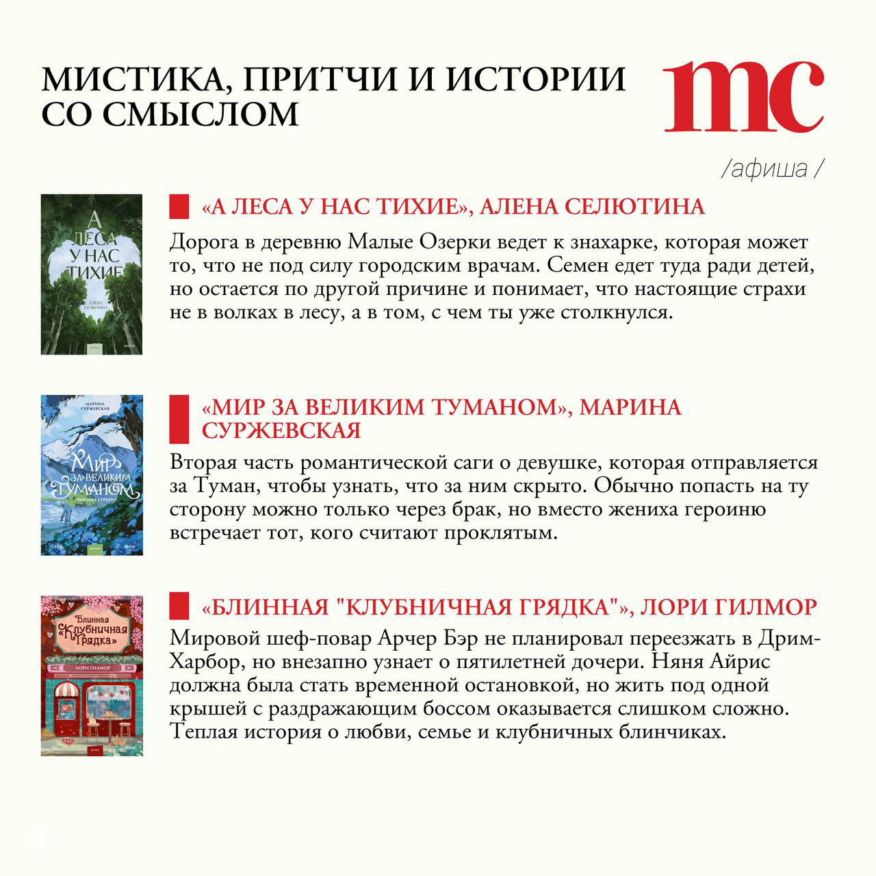 Разворот с подборкой книг: обложки и короткие аннотации к мистическим и смысловым произведениям для весеннего чтения.