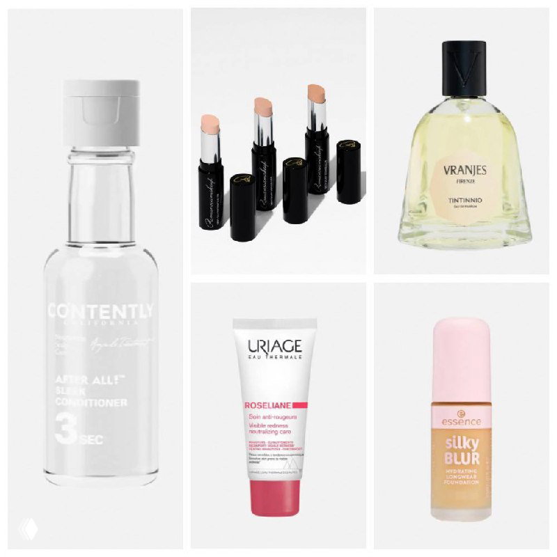 Коллаж косметических продуктов: кондиционер Contently, тон Essence Silky Blur, крем Uriage Roseliane, стик-консилер Romanovamakeup и флакон Dr. Vranjes.