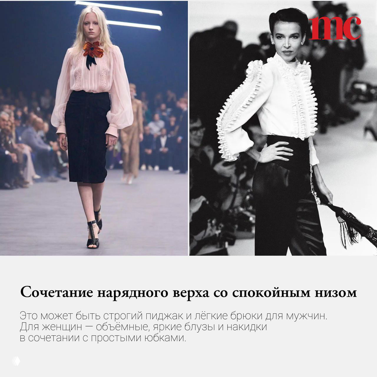 Два кадра — модель на показе и архивный образ на подиуме: сочетание современного показа и исторической эстетики Валентино.