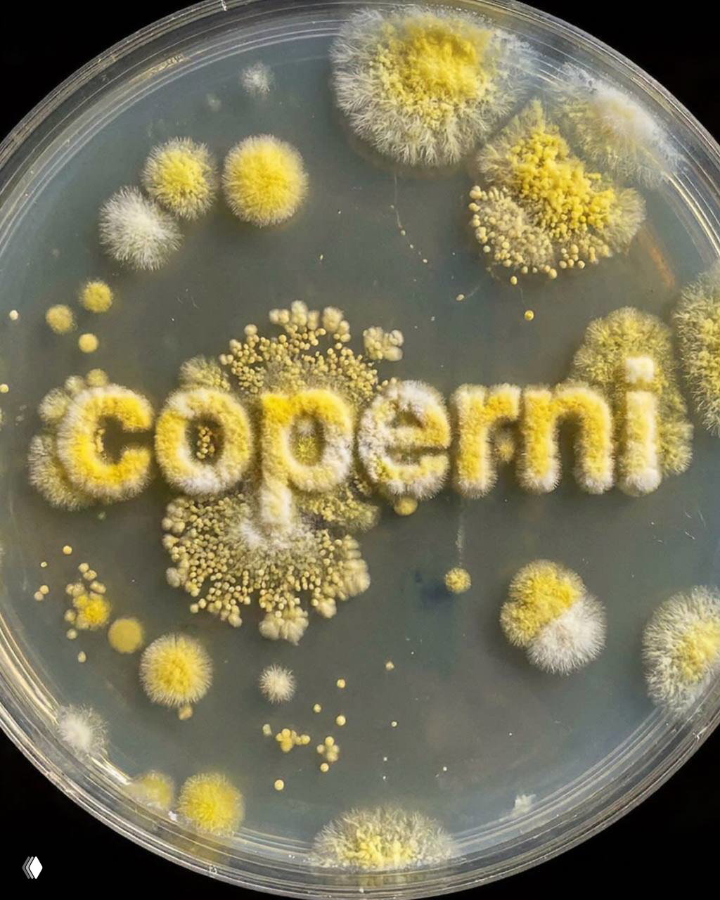 Чаша Петри с грибными колониями, формирующими надпись «coperni» и жёлтые пушистые структуры на агаровой среде — лабораторная визуализация проекта.