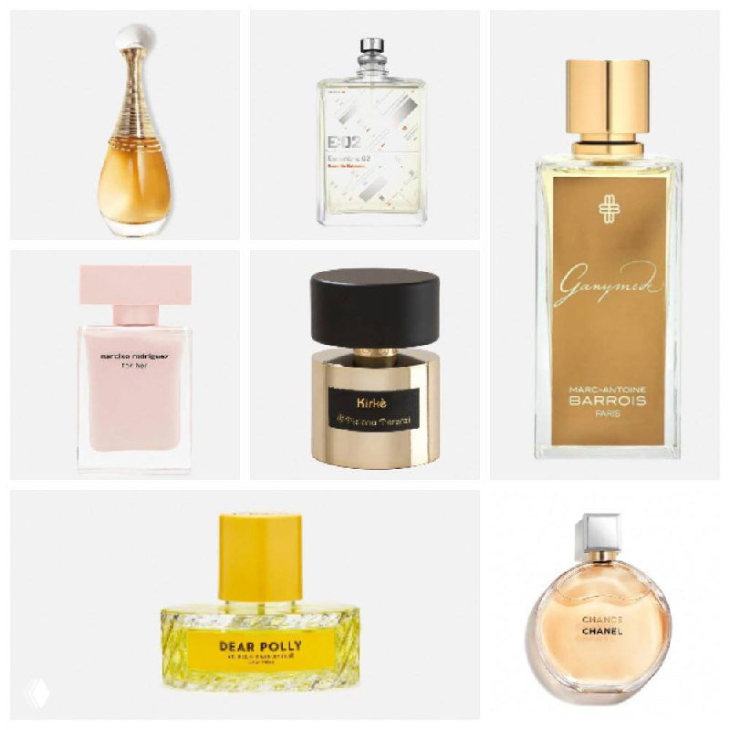 Коллаж из фотографий флаконов семи парфюмов на белом фоне, видно несколько узнаваемых бутылочек брендов в сетке.