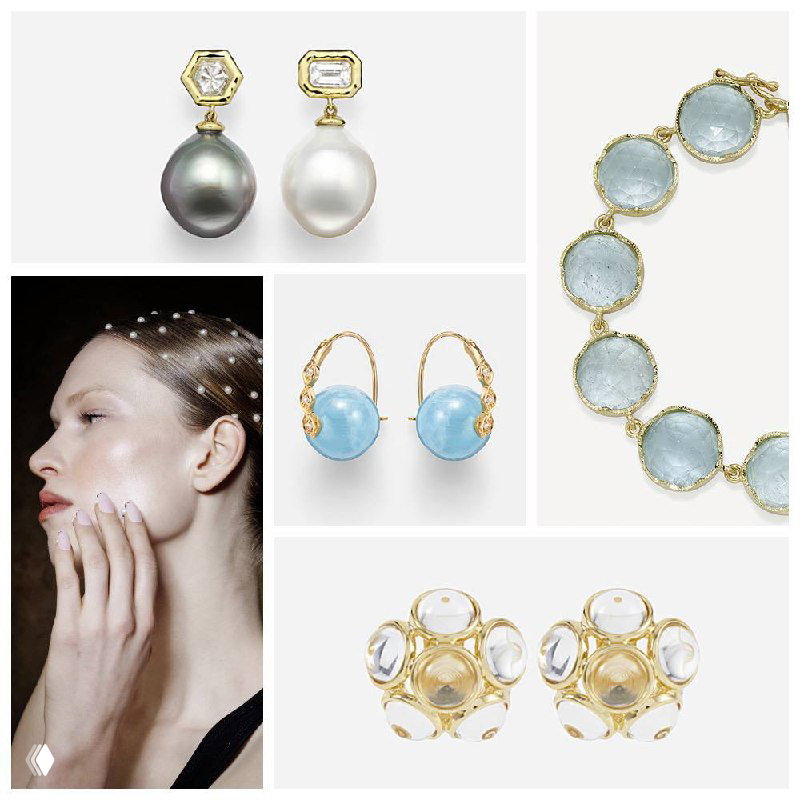 Коллаж: серьги с жемчугом, браслет с аквамаринами, клипсы и другие украшения в золотой оправе на нейтральном светлом фоне — предметная съёмка коллекции