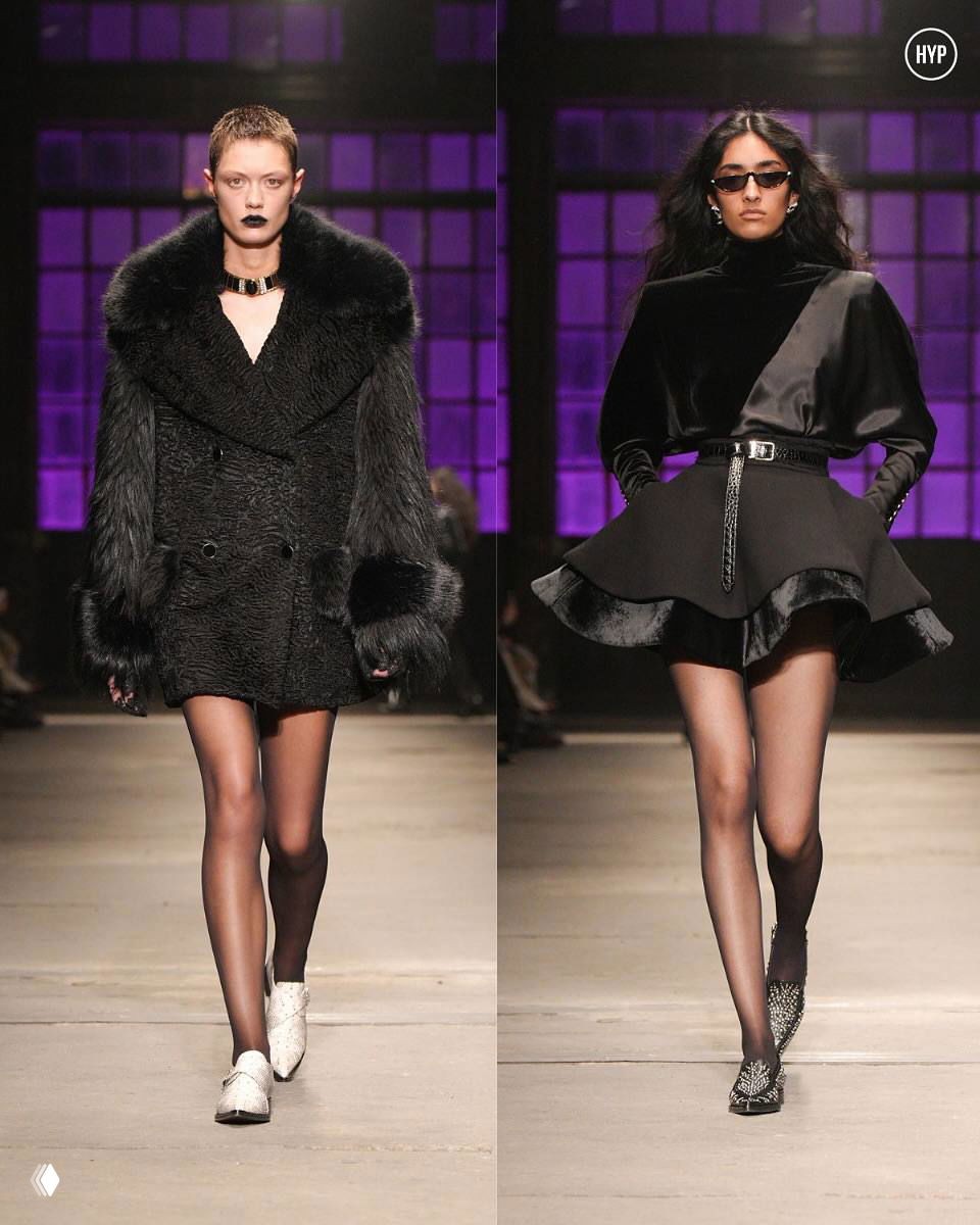 Контрастные образы Roberto Cavalli: объёмное пальто с меховой отделкой рядом с мини-юбкой с пышным низом на подиуме и строгой подсветке.
