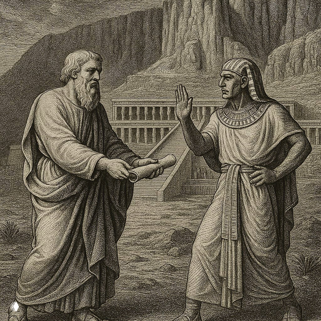 Гравюра с античной сценой: один персонаж передаёт свиток другому на фоне ступенчатой архитектуры, образ философского диалога.