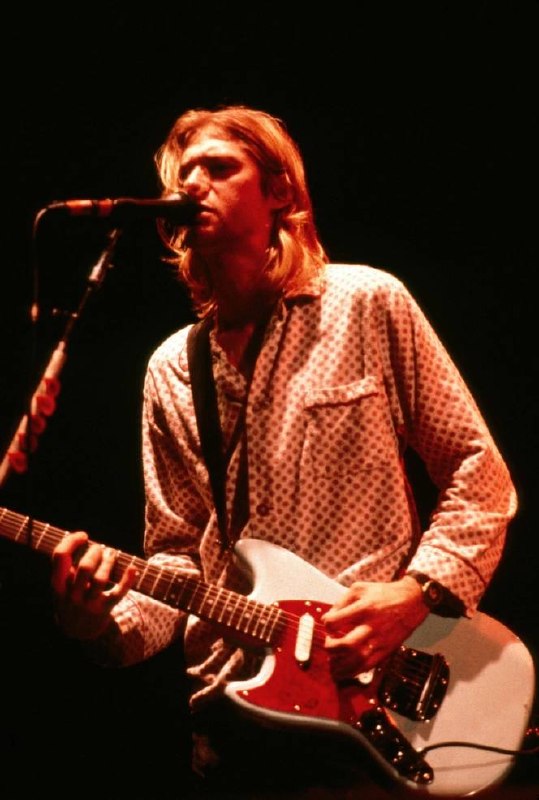 Музыкант поет в микрофон, держит электрогитару в простой рубашке с узором; кадр передает атмосферу живого концерта и повседневного стиля.