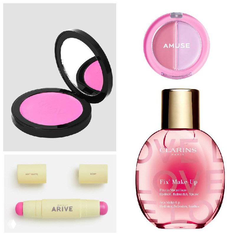 Коллаж косметических средств: Lip &amp; Cheek AMUSE, дуо-стик ARIVE и фиксатор Clarins, показаны упаковки и подходящие оттенки фуксии для образа.