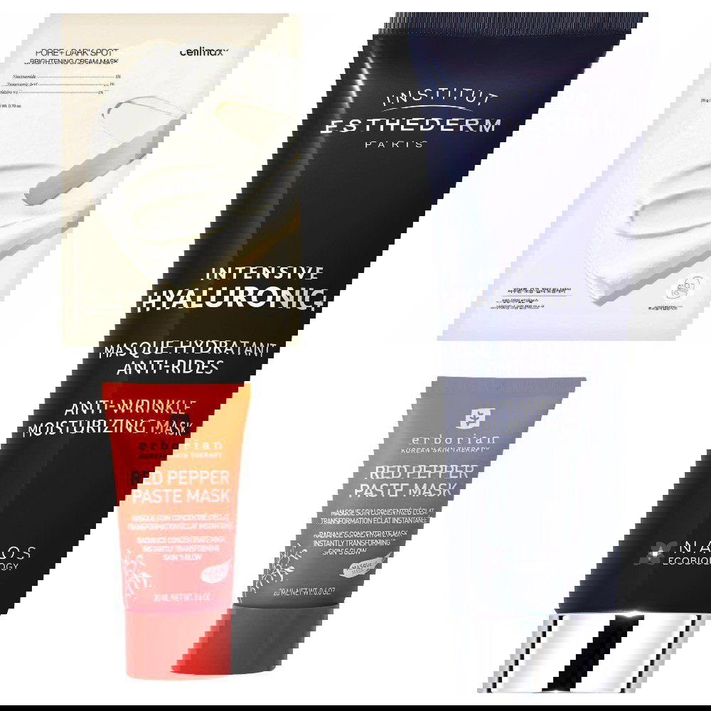 Упаковки трёх масок: листовая маска Celimax, тюбик Institut Esthederm и красная паста-маска Erborian на белом фоне — фото продукции из подборки.