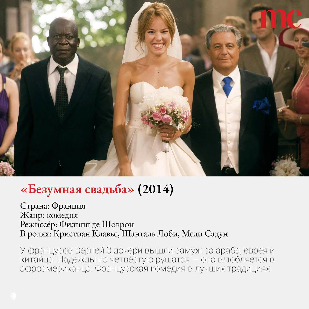 Кадр из «Безумная свадьба» (2014): улыбающаяся невеста с букетом в окружении гостей, комедийная сцена свадьбы в французском антураже.