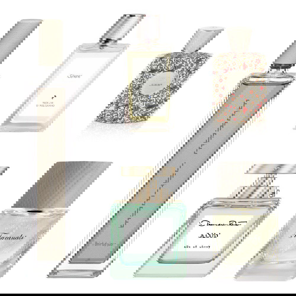 Коллаж из флаконов парфюма на белом фоне: ряд бутылок разных брендов, включая прозрачные и декоративные флаконы, аккуратно расположенные для визуального обзора
