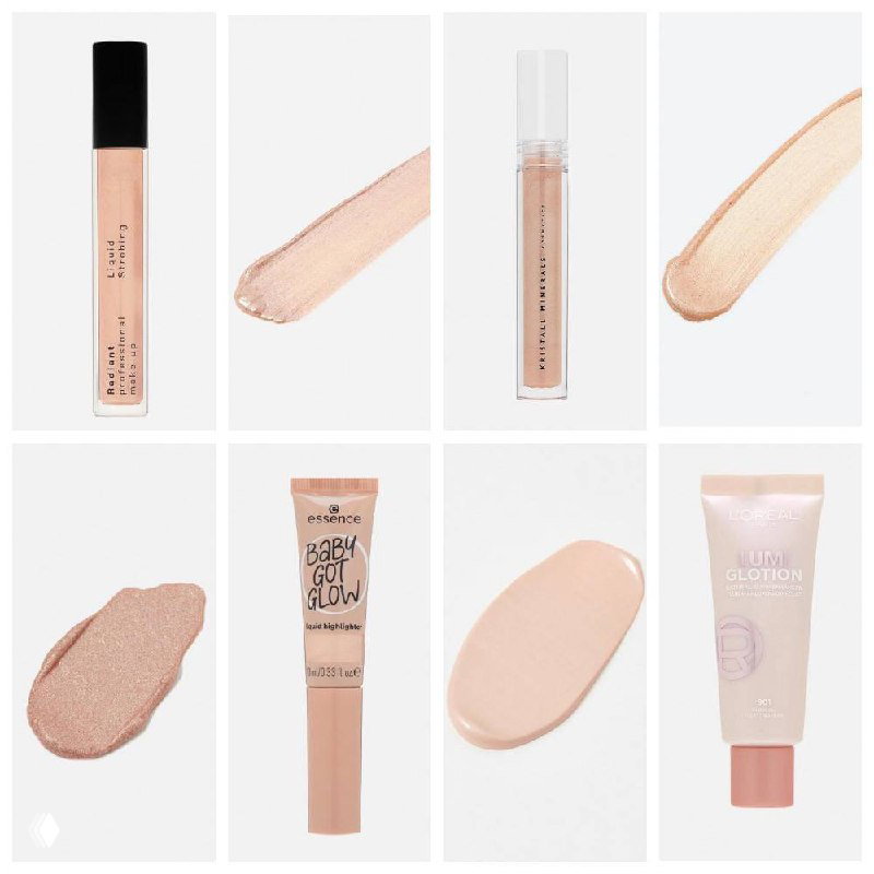 Коллаж жидких хайлайтеров: флаконы, аппликаторы и мазки перламутровых текстур на белом фоне, показывающий оттенки и финиш продуктов.