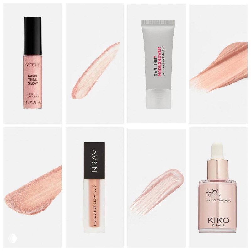 Сетка изображений хайлайтеров и мазков текстуры: упаковки, капли и металлические/нюдовые отливы на белом фоне — демонстрация финиша продуктов.